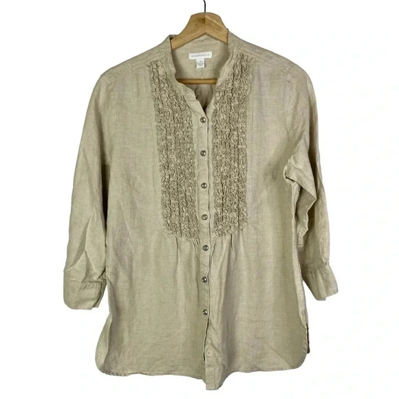 Charter Club Beige Tuxedo Ruffle Front Long Sleeve Button Down 10 - Picture 1 of 4